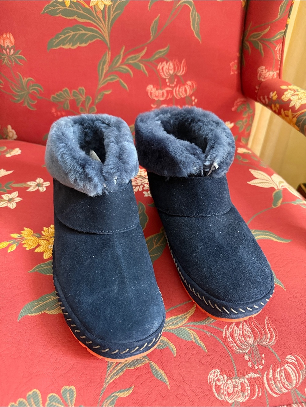 L.L. Bean Navy Suede-Look Faux Fur Cuff Ankle Boots